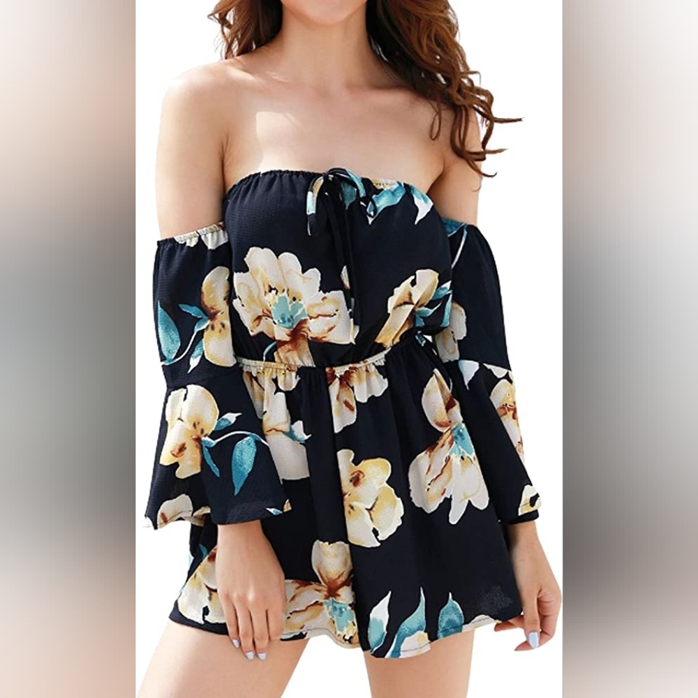 Relipop Women's Summer Floral Off Shoulder 3/4 Flared Sleeve Romper Jumpsuit